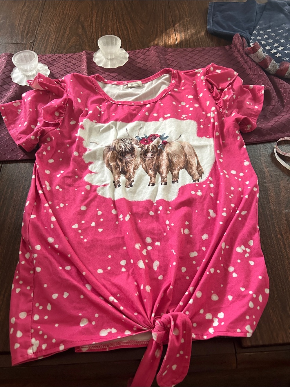 Girls Hot Pink Tie-Front Tee with Highland Cows Graphic